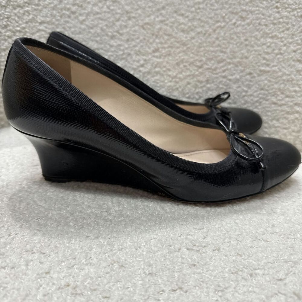 PRADA SAFFIANO Leather Logo Bow Tie Wedges - Picture 5 of 8